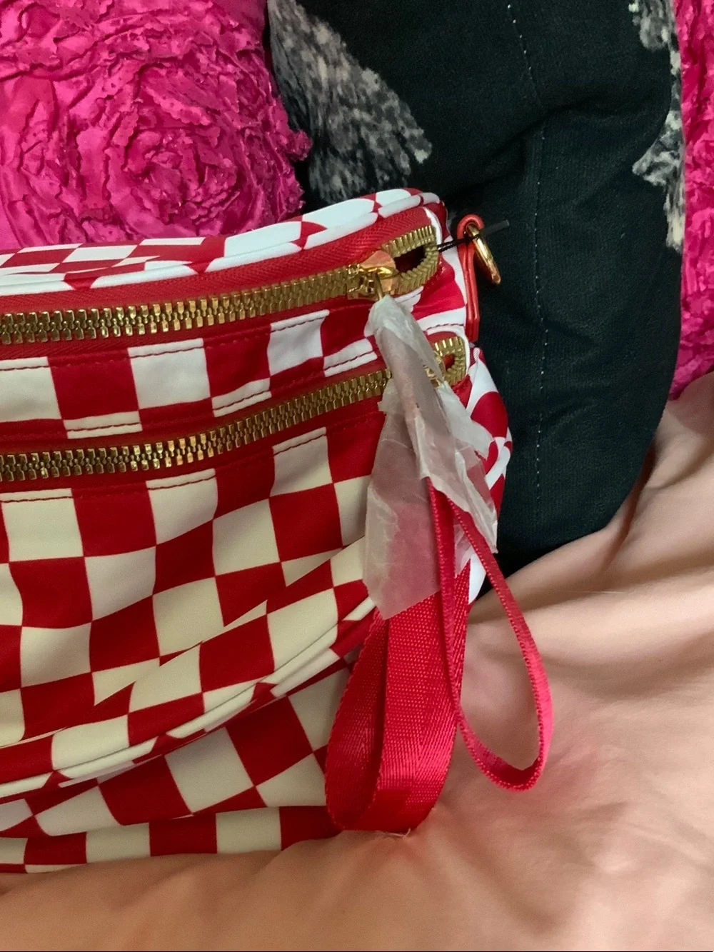 Red and White Checker Pattern Crossbody Bag with Gold Zippers